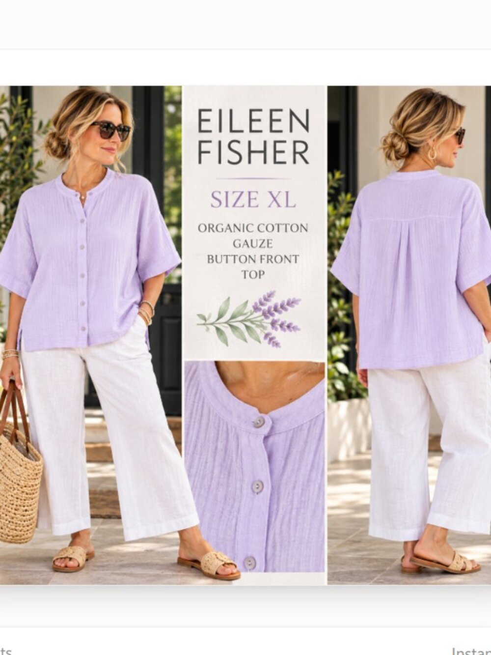 Eileen Fisher XL Organic Cotton Gauze Button Front Boxy Shirt Top